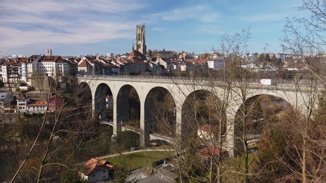 The arched bridge of Fribourg on a beautiful winter day