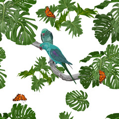 two parrots on a branch with tropical leaves and butterflies. seamles pattern on white background