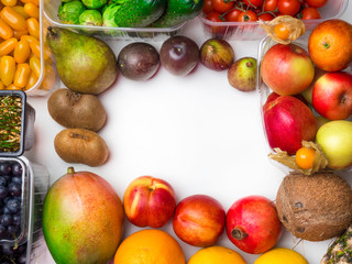 Healthy food background studio photo of different fruits and vegetables on white background