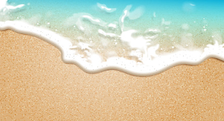 Fototapeta na wymiar Summer background. Transparent sea wave on the sandy shore. 3D vector. High detailed realistic illustration.