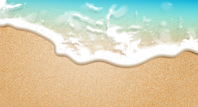 Summer background. Transparent sea wave on the sandy shore.  3D vector. High detailed realistic illustration.