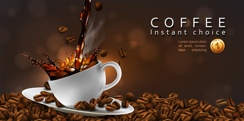 Coffee  advertising design  with coffee beans and a cup of steaming coffee.  Transparency effect. 3D vector. High detailed realistic illustration