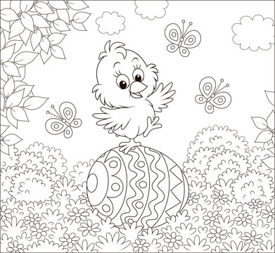 Little Easter Chick dancing on a big decorated egg on a lawn on a sunny spring day, black and white vector illustration in a cartoon style for a coloring book