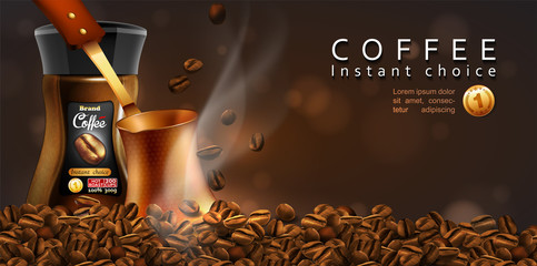 Coffee  advertising design. Coffee jar, pot and coffee beans on a  transparent background.  3D vector. High detailed realistic illustration