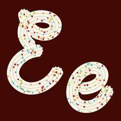 Tempting tipography. Font design. 3D letter E of the whipped cream and candy