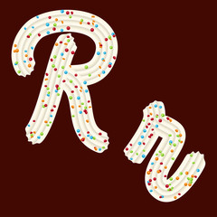 Tempting tipography. Font design. 3D letter R of the whipped cream and candy
