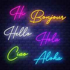 Hello, neon calligraphy. Neon letters of greeting phrase in different languages © Claudia Balasoiu