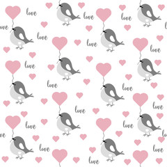 Love seamless pattern with birds and hearts