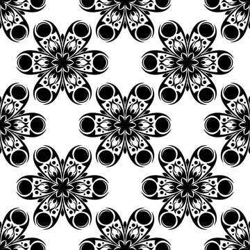 Floral seamless pattern. Black flowers on white background