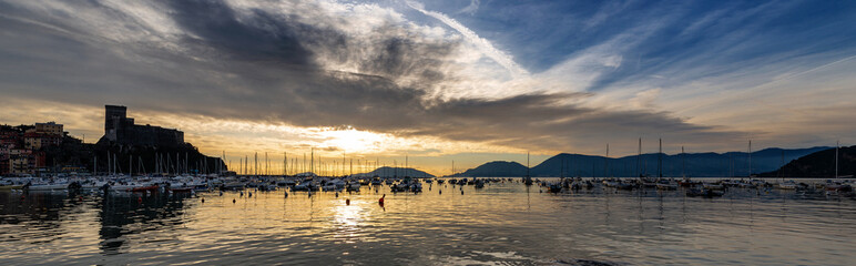 Fototapeta na wymiar Port of Lerici town at sunset - La Spezia Liguria Italy