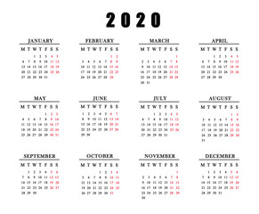 Calendar for 2020 on white background.