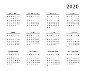 Calendar for 2020 on white background.