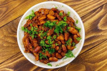 Traditional georgian kidney beans dish lobio on wooden table