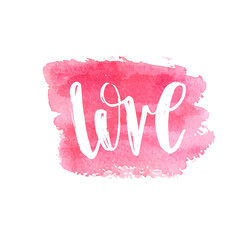 Love Text Lettering Phrase on pink watercolor square brush painted banner.