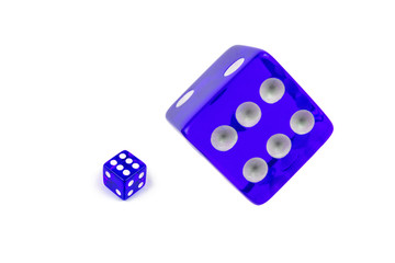 Two blue glass dices isolated on white. Six and flying in the air, view from above.