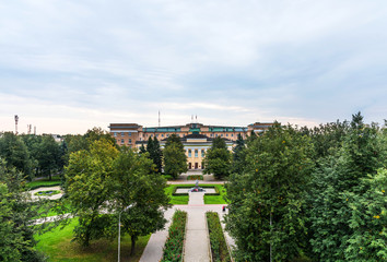 Fototapeta na wymiar Panoramic view of the regional government in Veliky Novgorod and the war monument of Leonid Golikov.