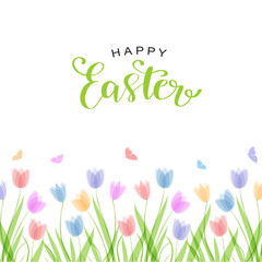 Flat horizontal background template with hand drawn pastel colors tulips. Spring flowers. Elements for design, scrapbooking, pacaging, wallpaper