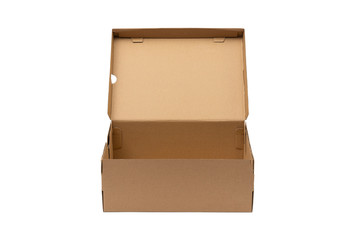 Brown cardboard shoes box with lid for shoe or sneaker product packaging mockup, isolated on white with clipping path.