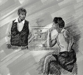 black and white drawing of bar scene with lonely woman and barman