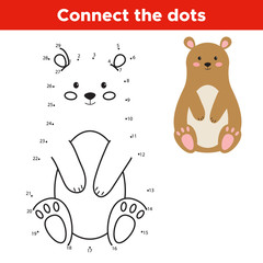 Dot to dot game, educational numbers game for children. Cartoon vector bear. Forest animals.