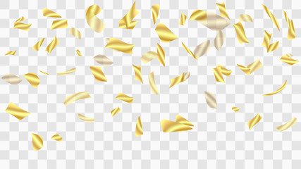 Golden confetti. Festive background. Falling shiny confetti. Golden confetti background. Vector golden design elements. Festive tinsel. Template for holiday card, banner, solemn presentation, mockup.