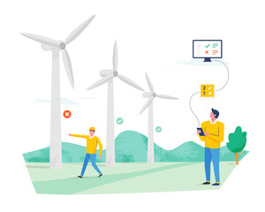 Wind turbines maintenance. Energy company field workers sending data to central for service. Modern flat design vector illustration. © radoma