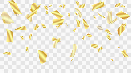 Golden confetti. Festive background. Falling shiny confetti. Golden confetti background. Vector golden design elements. Festive tinsel. Template for holiday card, banner, solemn presentation, mockup.