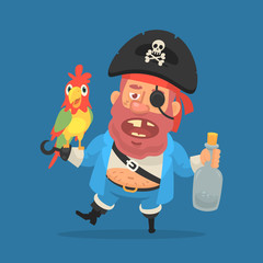 Drunk pirate holding parrot and bottle of rum. Funny character