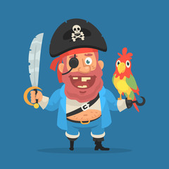 Pirate holds parrot and sword. Funny character