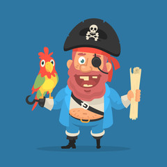 Pirate holds parrot and treasure map. Funny character