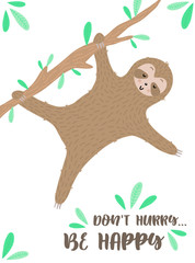 Vector image of a cute dancing sloth on the branch. Hand-drawn cartoon illustration for children, tropical summer, holiday, card, banner, print, poster, baby, nursery. © Anton