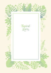 Vertical background with jungle palm tree branches and leaves. Backdrop decorated by foliage of rainforest plants. Poster, greeting or invitation card, template design, cover, party advertisement.
