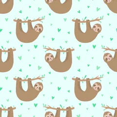 Wall murals Sloths Seamless pattern of cute slow sloths and hearts. Hand-drawn illustration of sloth for children, tropical summer, textile, print, cover, wallpaper, fabric, clothes. Transparent background
