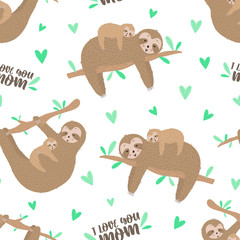 Seamless pattern of cute sloths with baby. Hand-drawn illustration of a sloth for kids, tropical summer, textile, print, cover, wallpaper, mother's day, holiday, mom love. Transparent background