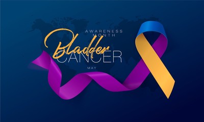 Bladder Cancer Awareness Calligraphy Poster Design. Realistic Marigold And Blue And Purple Ribbon. May is Cancer Awareness Month. Vector