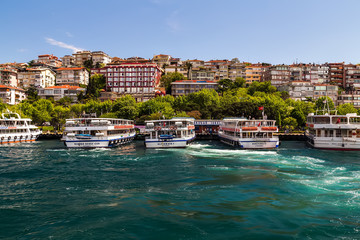 Fototapeta premium Ferry passenger boat Gulf Golden Horn Channel Bosphorus Strait Sea front landscape Istanbul tourist city