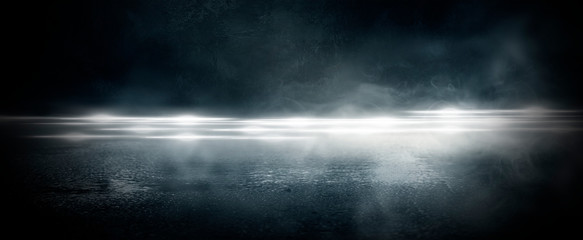 Obraz premium Wet asphalt, reflection of neon lights, a searchlight, smoke. Abstract light in a dark empty street with smoke, smog. Dark background scene of empty street, night view, night city.