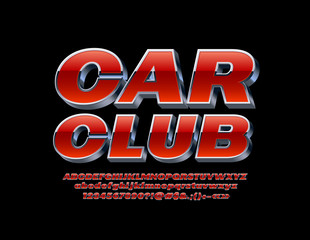 Vector bright Sign Car Club with isometric Font. Chic Red and Silver Alphabet Letters.