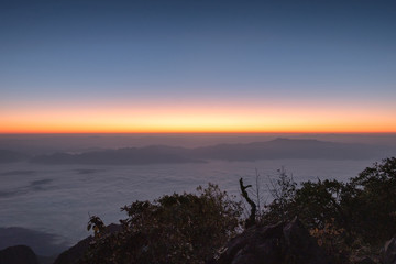 Landscape of Colorful sky with foggy on mountain at morning