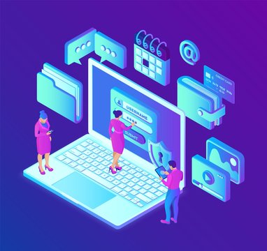 Data protection. Desktop pc with authorization form on screen, personal data protection. User male and female character. Data access, login form on screen. 3d isometric design. Vector illustration.