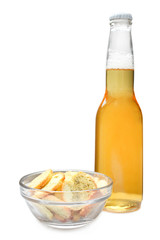  light beer and a bowl with crackers