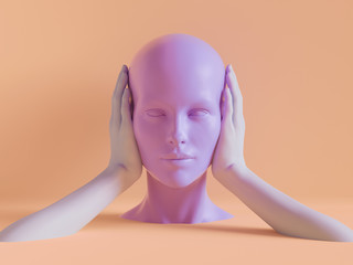 3d render, female mannequin head, ears closed by hands, silence concept, isolated object, minimal fashion background, shop display, pink peachy violet pastel colors