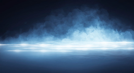 Fototapeta premium Wet asphalt, reflection of neon lights, a searchlight, smoke. Abstract light in a dark empty street with smoke, smog. Dark background scene of empty street, night view, night city.