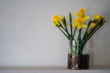 bouquet of yellow narcissus in vase on wooden table