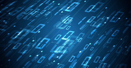 Bytes of binary code run through network. Abstract futuristic technology syberspace