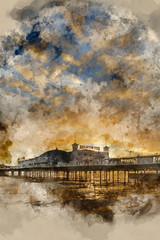 Obraz premium Watercolour painting of Winter sunset over Victorian pier in Brighton.