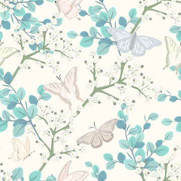 seamless pattern with butterflies and white flowers