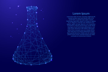 Flask cone chemical medical for experiments from futuristic polygonal blue lines and glowing stars for banner, poster, greeting card. Vector illustration.