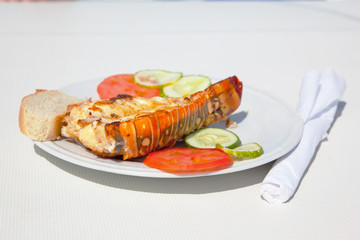 plate with lobster langouste on a yacht against the backdrop of the azure waters of the Caribbean Sea. Cuba