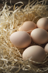 Organic eggs in wooden bowl, easter